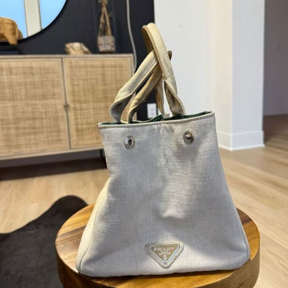 Prada Beige and Green Canapa Canvas and Satin Flower Tote Bag - Picture 4 of 12
